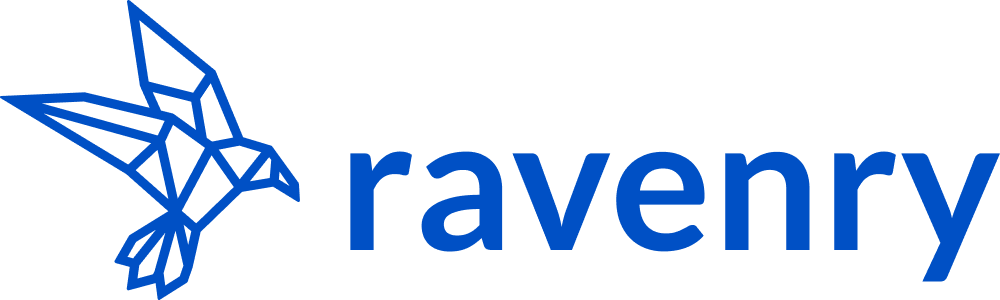 A stylized geometric letter mark featuring a blue stylized bird/raven silhouette icon next to lowercase typography.